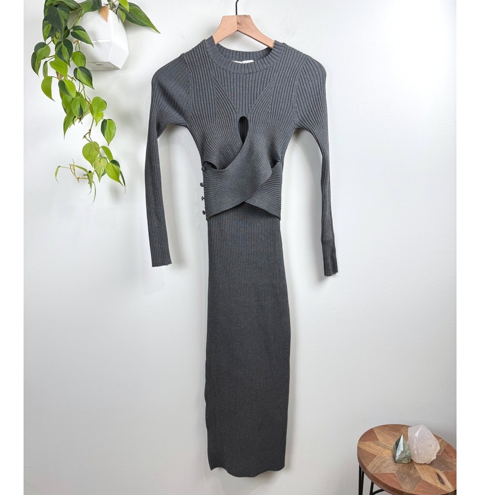 ASTR The Label Grey Ribbed Knit Crossover Keyhole Midi Dress XS Bodycon Fall